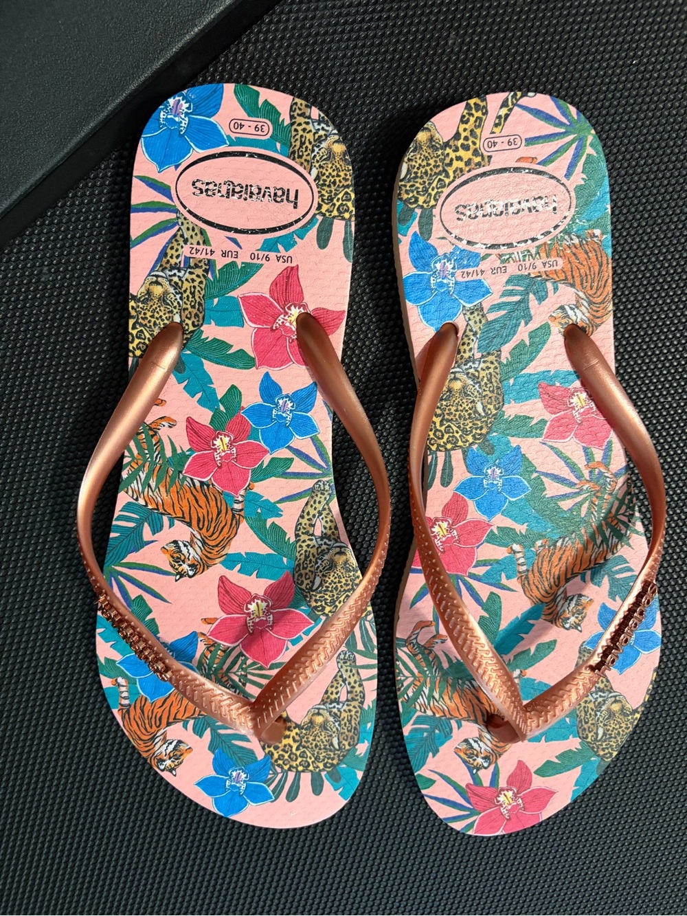 Havaianas Pink Floral & Tiger Print Flip Flops with Rose Gold Straps